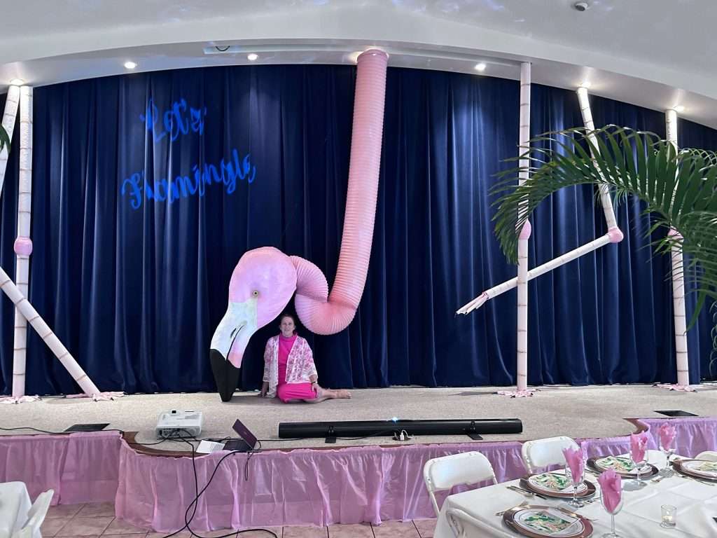 The "Let's Flamingle" Flaminco from a distance, showing size