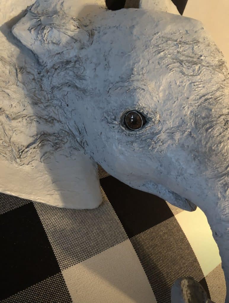 Closeup of paper mache elephant's eye made by Lorene Crisalli