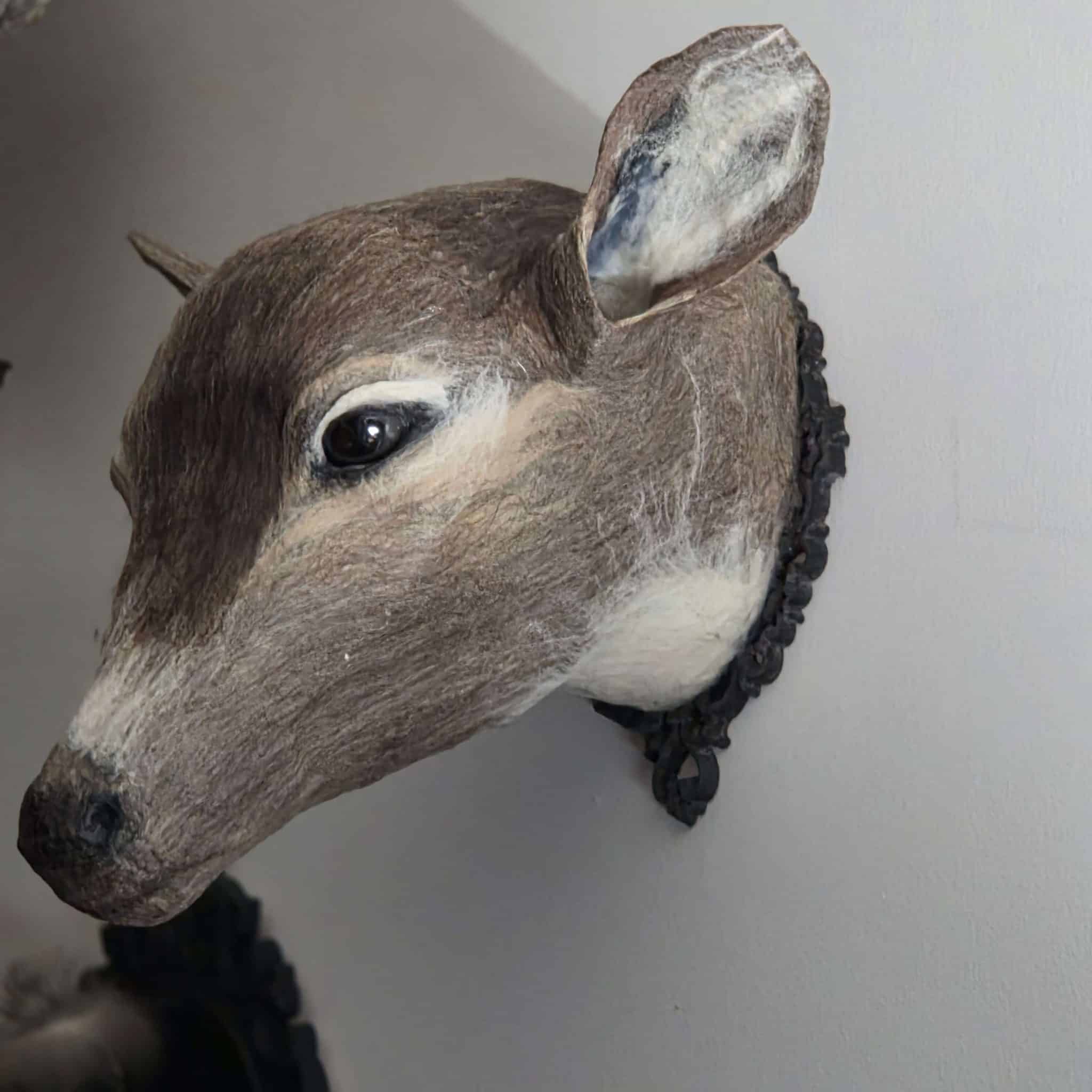 Paper mache doe sculpture made by Sheri Allain