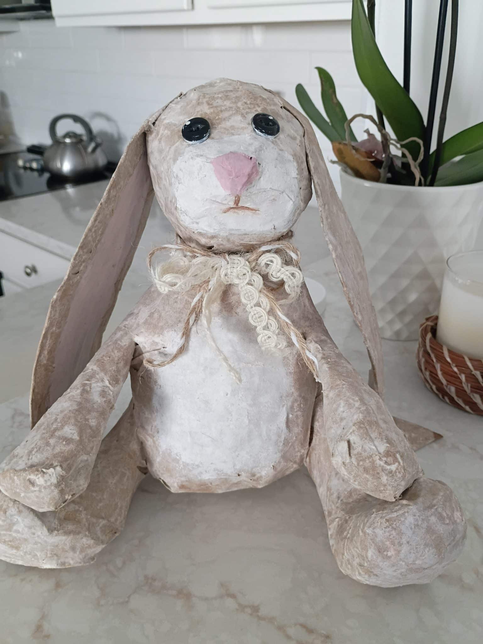 Paper mache bunny sculpture made by Rose Drylie