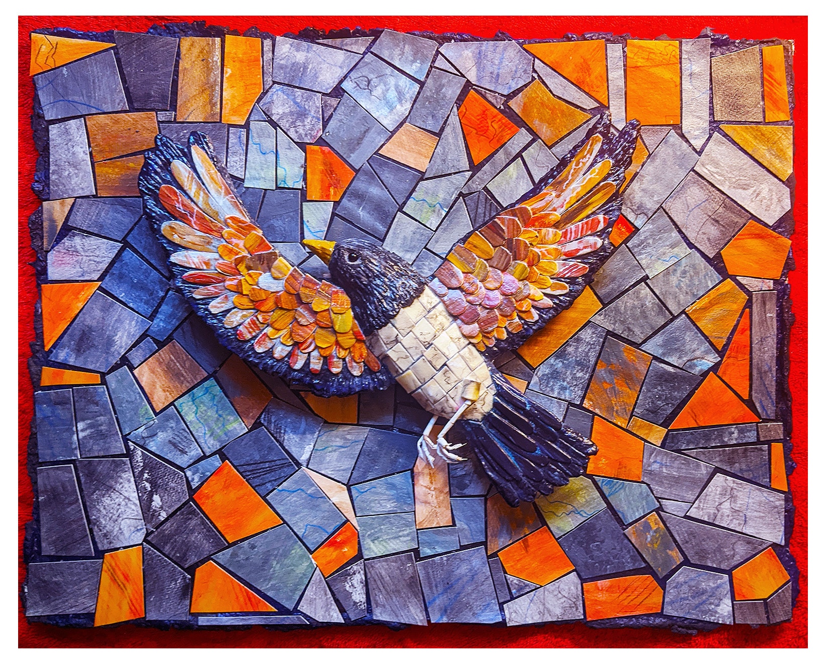 Paper mache bird and tile sculpture on canvas, made by Jon Keller