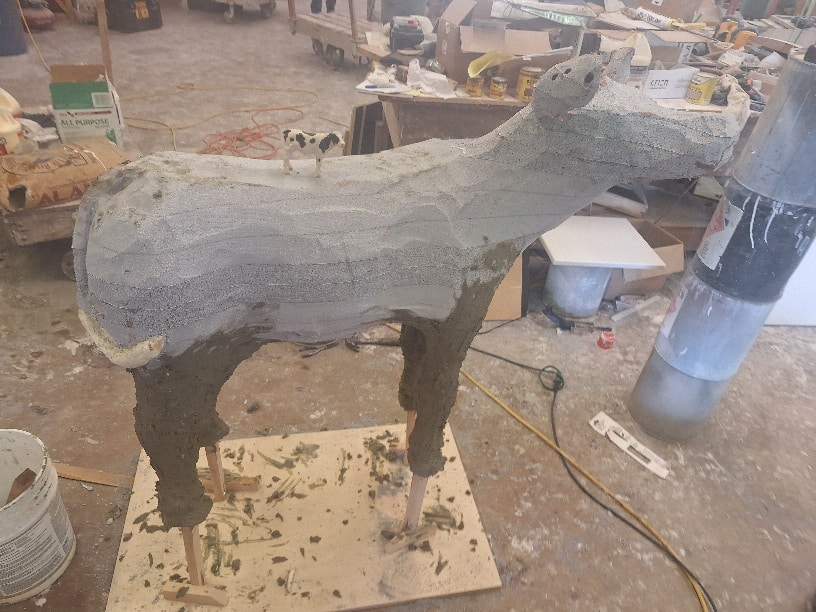 Lawn art calf sculpture in progress